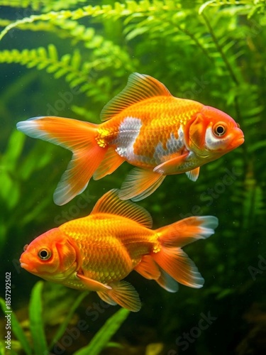 Two Colorful Goldfish Swimming in Lush Aquarium with Green Aquatic Plants