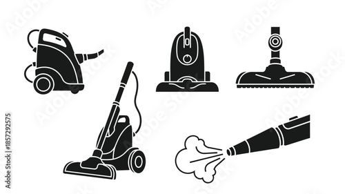 Various cleaning tools represented as simple black and white icons