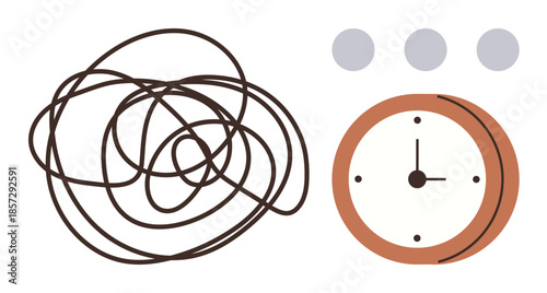 Tangled line representing chaos beside a clock showing time pressure. Ideal for stress, procrastination, time management, decision making, mental health, work-life balance, simple flat metaphor