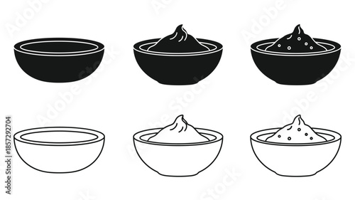 A series of bowls depicting a process with filling and sprinkled toppings