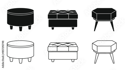 Black and white illustrations of various ottoman and storage bench designs