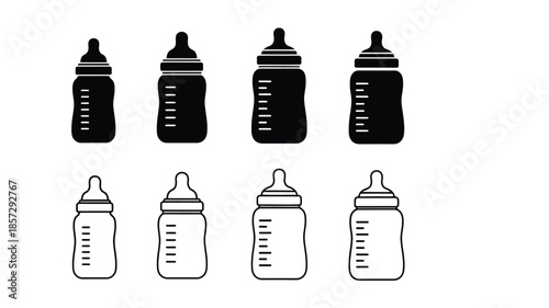 Black and white illustration of baby bottles in varying designs and outlines