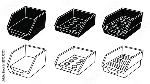Black and white line drawing of various plastic storage container designs