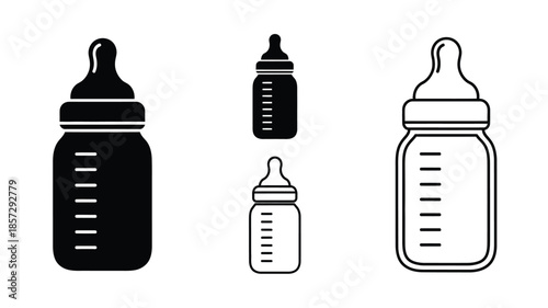Simple black and white illustration of various baby bottles in different designs