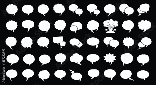 Large collection of white comic book speech bubbles and thought clouds of various shapes on a black background for text and dialogue.