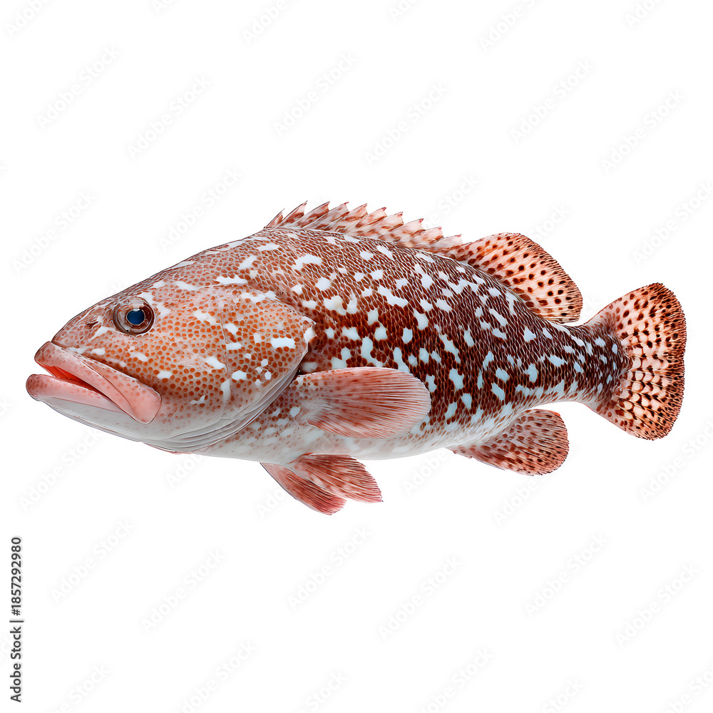 Naklejka premium Coral Grouper: Captured in pristine detail, the vibrant coral grouper showcases its striking patterns and graceful form, offering a glimpse into the wonders of the underwater world.