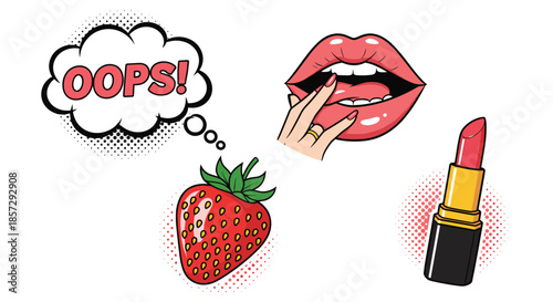 Set of four pop art style stickers with a comic book aesthetic, including an "OOPS!" speech bubble, sensual lips, a strawberry, and lipstick.