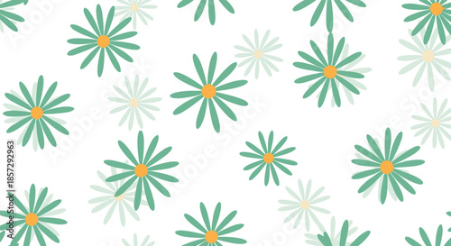 Simple and cheerful seamless pattern of green daisy flowers scattered on a clean white background, creating a fresh and playful design.
