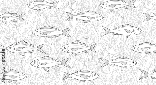 Seamless pattern of hand-drawn fish swimming among seaweed in a black and white line art style, perfect for a nautical-themed design.