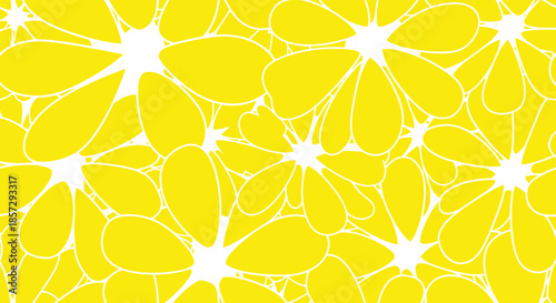 Bright and cheerful seamless pattern of overlapping bold yellow abstract flowers with white outlines, creating a vibrant and modern floral background.
