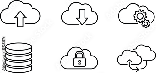 Six cloud computing and data storage vector icon set including database lock and settings isolated on white background