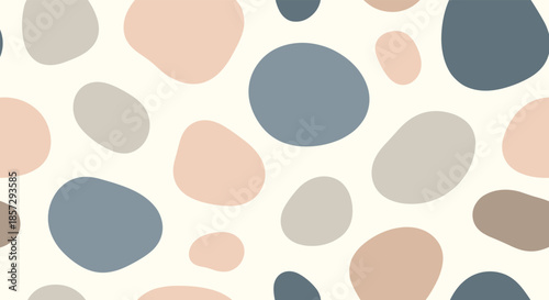 Abstract seamless pattern with organic, rounded pebble-like shapes in a calm and muted earthy color palette for a modern, minimalist background.
