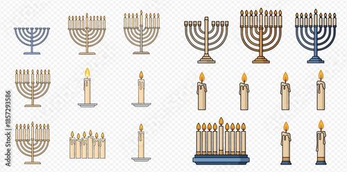 Set of various Hanukkah menorahs and candles for Jewish holiday celebration.