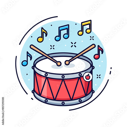 Cartoon Drum with Drumsticks and Musical Notes Illustration.