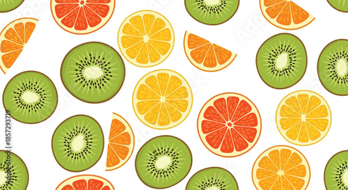 Vibrant and fresh seamless pattern with colorful slices of citrus fruits, including kiwi, orange, and grapefruit, on a clean white background.