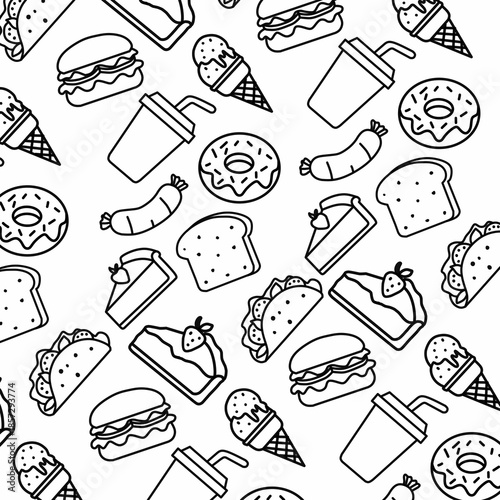Seamless pattern background Food and ingredient kids hand drawing set illustration isolated on white background