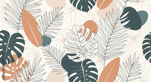 Modern seamless pattern with a collage of tropical monstera leaves, abstract shapes, and delicate line art foliage in a trendy bohemian style.
