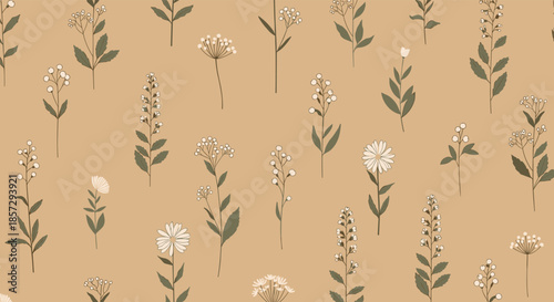 Minimalist seamless floral pattern with various delicate wildflowers and plants in a simple, elegant style on a warm beige background for textiles.