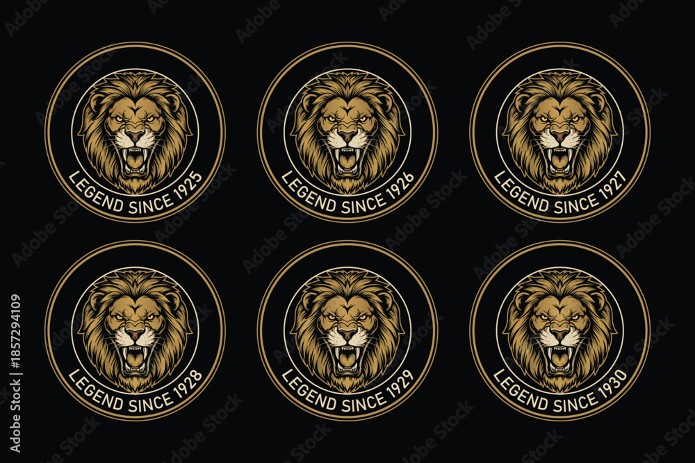 Obraz premium Golden lion logos with legend since various years on black