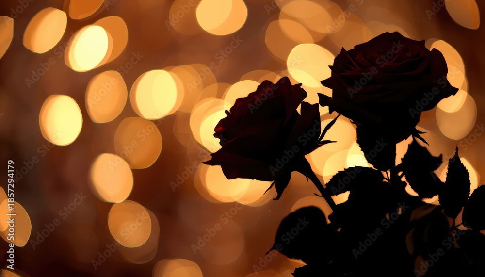Obraz premium Silhouette rose bouquet romantic bokeh warm lights evening mood