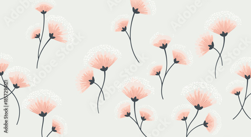 Delicate and airy seamless pattern of stylized pink dandelion-like flowers with white fluffy seeds on a light neutral background for a gentle design.