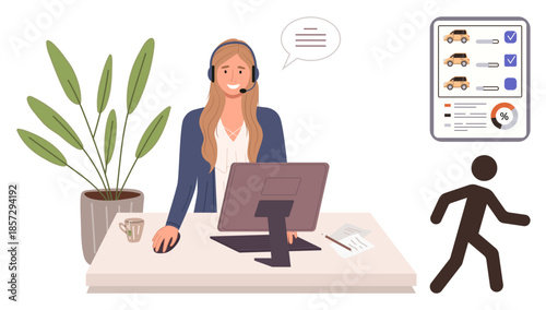 Friendly agent with a headset at desk with computer, document, and plant. Client walks away, checklist visible. Ideal for customer service, car rental, leasing, assistance communication sales