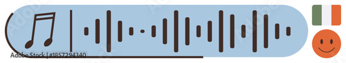 Music note and waveform lines on a blue background with orange happy face and Irish tricolor. Ideal for audio technology, music production, globalization, culture, emotion, connection, entertainment