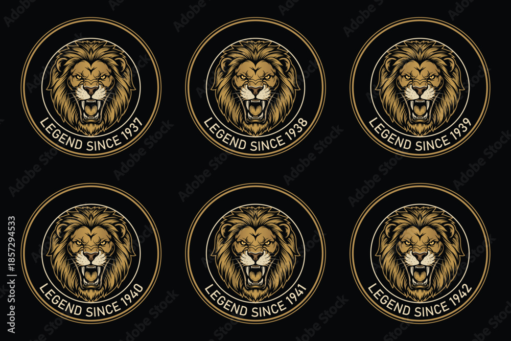 Obraz premium Vintage lion logo designs with legend since years on black background