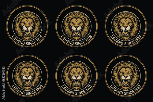 Vintage lion logo designs with legend since years on black background