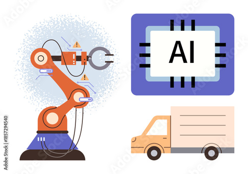 Robotic arm assembling components, AI processor illustration, and delivery truck emphasizing automation, industrial innovation, logistics, AI-driven systems, manufacturing, technology