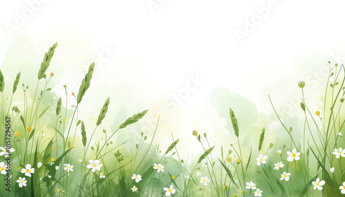 Soft watercolor spring meadow with gentle green tones and white wildflower blooms