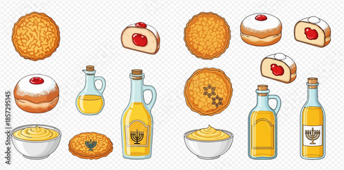 Hanukkah holiday symbols set with traditional food, oil, and menorah illustrations.