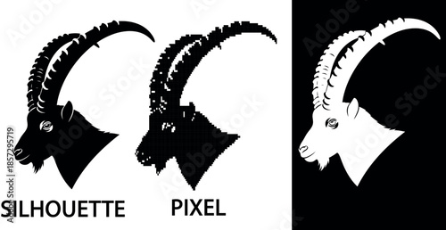 A striking black silhouette and pixel of an alpine ibex head in vector format