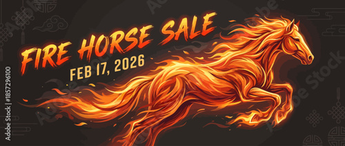 Vibrant Fire Horse Sale Greeting for Lunar New Year 2026 Celebrations