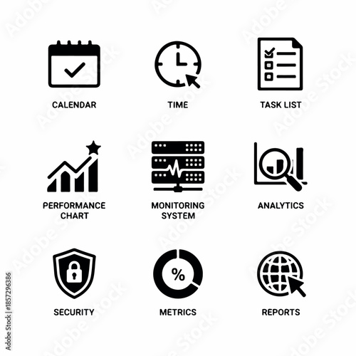 Set of nine black and white icons representing business technology and data management concepts.