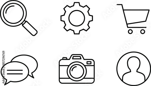 Six outline vector UI icons search settings cart chat camera user profile isolated on white background