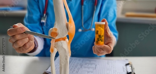 Tableau sur toile Doctor is holding medical tablets and knee joint of leg