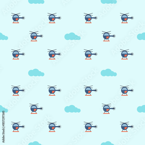 Cute helicopter seamless pattern with blue clouds for baby textile