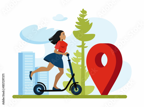 An active urban environment for young people. A ride on a scooter. The girl pushes off with her foot while riding a scooter. A walk in the fresh air. Flat vector illustration in cartoon style