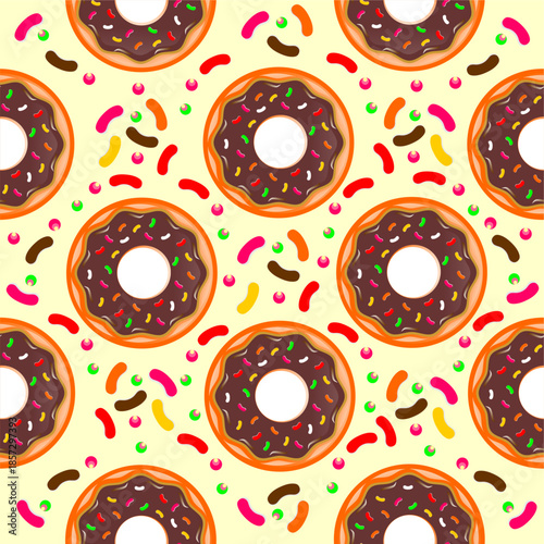 Donut seamless pattern. Donuts pattern on white background. Sweet donut pattern with colorful sprinkles. Seamless pattern with glazed donuts.