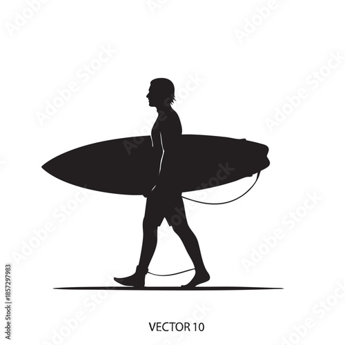 Surfer walking with board silhouette profile black flat art vector illustration isolated on white background athletic ocean beach sport summer activity travel