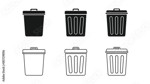 A collection of simple trash can icons in varying styles and designs
