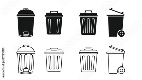 Collection of various trash can and waste bin vector icons in black and white