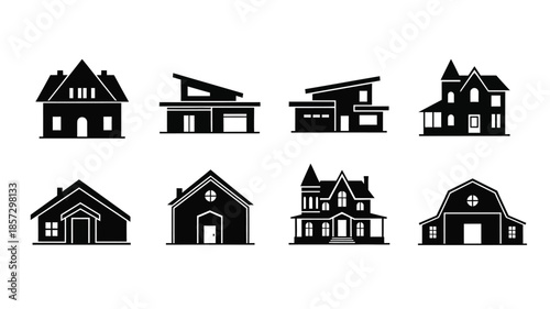 Collection of simple black silhouette house icons in various architectural styles