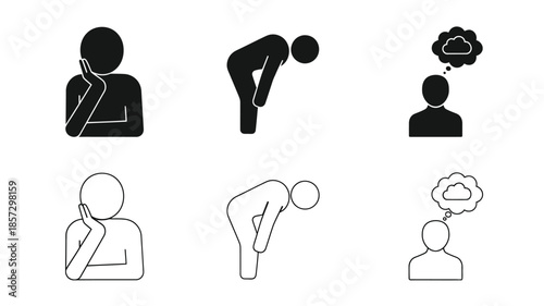 Silhouettes depicting people in thoughtful poses with cloud thought bubbles