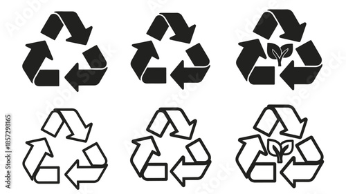 Recycling symbols with variations arrows and a leaf inside a loop
