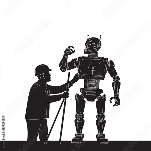 Silhouette illustration of an engineer working with a large robot, a human technician examining or adjusting a mechanical device, isolated black and white vector graphic