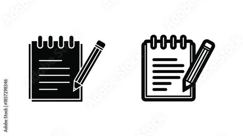 Two black and white icons depicting a notepad and pencil side by side