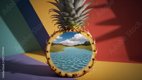 Surreal Pineapple Landscape Reflection Tropical Fruit Nature Scene.