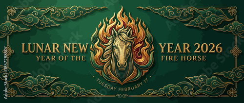 Vibrant Lunar New Year 2026 celebration with fiery horse on abstract technology background